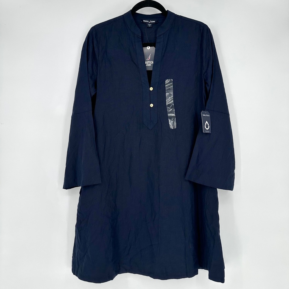 NEW‎ Nautica Jeans Navy Linen Blend Flare Sleeve Dress Pockets Knee Length S